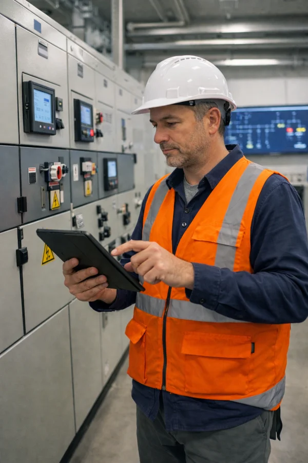 Ingeniero certificado SEC realizando inspección técnica en terreno
